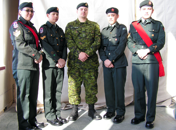 A team of marksmen from Cambridge Bay pose for the camera. Cambridge Bay Cadets, from left, Acting Sargent Teghan Angulalik, Corporal Cyril Angulalik, Lieutenant Chris Kalluk, Lance Corporal Carter Lear and Acting Sargent Kieran Evalik, took part in a marksmanship program in Edmonton April 8-10, where they practiced shooting ten metre ranges either standing or lying flat, in competition with cadets from across western Canada. The hamlet of Cambridge Bay helps to sponsor the unit by providing venue space for local cadet training and other events. (PHOTO COURTESY OF R. GILLIS)