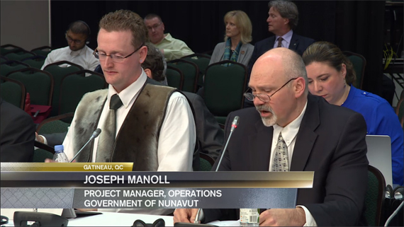 Joseph Manoll, project manager of operations at the Government of Nunavut, speaks to CRTC hearing on basic telecommunications services April 12. (CPAC IMAGE)