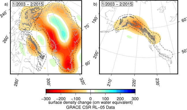 This map shows total ice mass change around Greenland and Canada, left, and the Gulf of Alaska, right. Orange and red shades show areas of high ice mass loss between 2003 and 2015. The heart of Greenland's ice field has been growing, as shown in the greenish-turquoise colours. (PDF COURTESY C. HARIG)