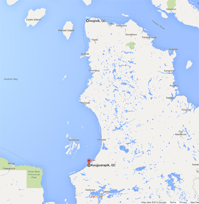 Kawapit walked roughly 1,000 kilometres in two months, leaving his hometown of Whapmagoostui Jan. 30, which neighbours Kuujjuaraapik, and arriving in Ivujivik April 4. (GOOGLE MAPS IMAGE)
