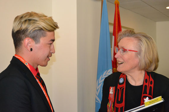 Adam Akpik of Iqaluit, a second-year Nunavut Sivuniksavut student, had a one-to-one conversation with Carolyn Bennett, minister of Indigenous and Northern Affairs, prior to her speech earlier this month announcing Canada's position on the UN Declaration on the Rights of Indigenous Peoples. NS students visited Canada's UN mission in New York City and met with Bennett and Canada's ambassador to the UN, Marc-André Blanchard. (PHOTO COURTESY OF NS)