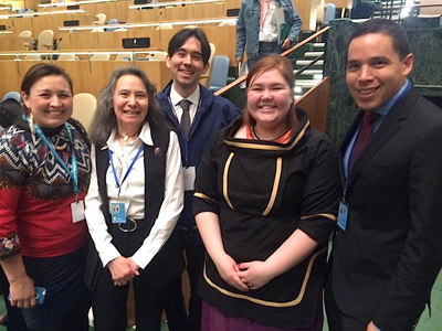 International Inuit representatives Aili Liimakka Laue, Dalee Sambo, Tim Aqukkasuk Argetsinger, Sarah Jancke and Natan Obed pose for a photo May 9 at the United Nations' 15th Session of the Permanent Forum On Indigenous Issues. The federal government on the same day announced its plans to lift its permanent objector status to the UN Declaration on the Rights of Indigenous Peoples. (PHOTO COURTESY OF SARAH JANCKE)
