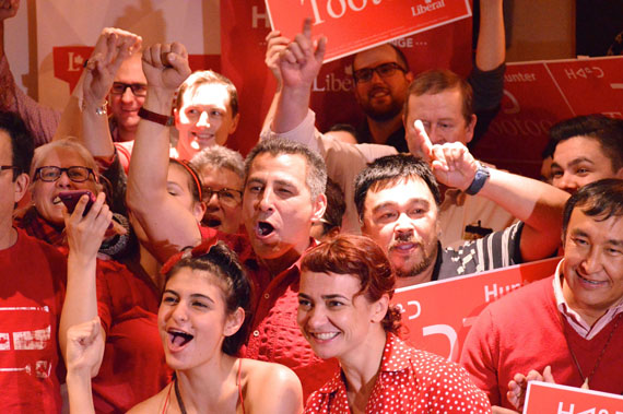 Carried to victory by the Liberal red wave across Canada, Liberal Hunter Tootoo celebrates with supporters on election night, Oct. 21, 2015, at gathering in the Iqaluit Elk's Lodge. (PHOTO BY STEVE DUCHARME)