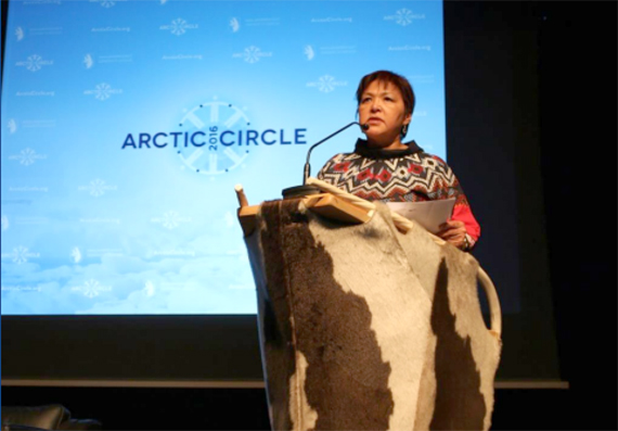 Inuit Circumpolar Council president Okalik Eegeesiak speaks to delegates at the three-day Arctic Circle Forum in Nuuk, Greenland, which wrapped up May 19. The Arctic Circle Forum is one of the largest international gatherings focused on circumpolar issues and economic development in the Arctic. Coordinated by the Government of Greenland, the forum drew delegates from across Canada’s north, including Nunavut and Nunavik, to discuss resource develop and tourism in Arctic regions, health and well-being and the role Arctic universities can play in development. (PHOTO COURTESY OF NAALAKKERSUISUT)