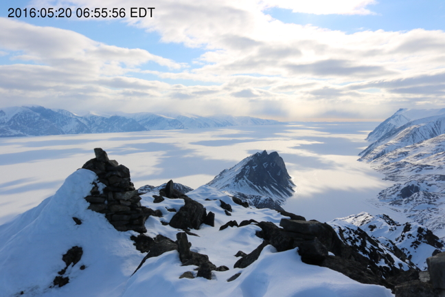 An image captured May 20, 2016, by the Oceans North camera at Mt. Herodier. If you go to the site now, you'll notice that the current image is obscured. That's because of snow partially covering the lens. It usually melts off within a few days.