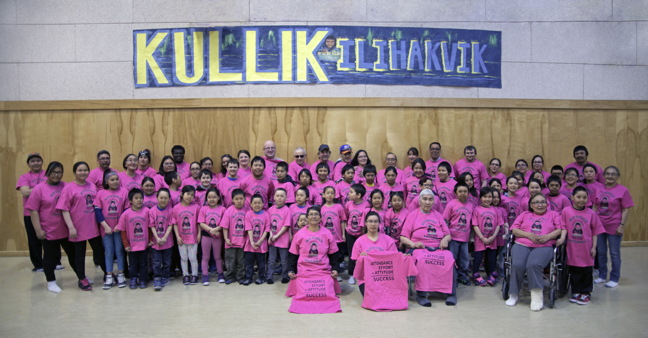 Students at Kullik Ilihakvik elementary school in Cambridge Bay pose in their new T-shirts: