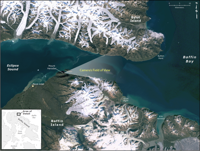 A map showing Eclipse Sound and the location of the camera at Mt. Herodier. Other cameras, at Guys Bight, to the right of Mt. Herodier, have also been installed to capture the spring sea ice break up as they did last year.