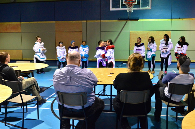 Eliana Aitchison, left and Vanessa Gordon, part of the Kuujjuaq Youth Group, perform throat songs for the Living in Northern Quebec (HLNQ) group June 7 during a dinner organized at the Kuujjuaq Forum. The academic visitors, part of a partnership on sustainable housing design out of Université Laval, are in Kuujjuaq from June 6 to June 9 to meet with Innu and Inuit representatives, learn about local culture and needs and to work on collaborative housing projects. (PHOTO BY ISABELLE DUBOIS)
