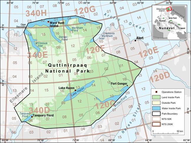 A map of Quttinirpaaq National Park, located on the northern tip of Ellesmere Island. (PARKS CANADA MAP)