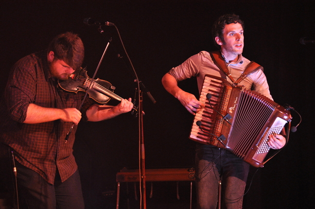Tomas Callister on fiddle and accordionist Jamie Smith of the Celtic band Barrule were favourites at the Alianait closing concert at Nakasuk School in Iqaluit July 3. (PHOTO BY THOMAS ROHNER)