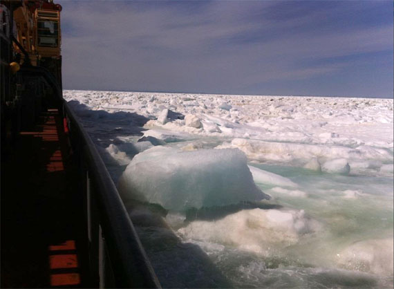 Here’s a view from the deck of the CCGS Terry Fox as it makes its way through the thick ice on Ungava Bay last week, guiding the M/V Anna Desgagnés towards Kangirsuk. The Terry Fox is the only icebreaker currently stationed in Ungava Bay, where the crew is busy escorting a number of sealift vessels to and from communities in Nunavik. The department of Fisheries, Oceans and the Canadian Coast Guard said July 15 that another Coast Guard ship will be available for icebreaking assistance in Ungava Bay if and when needed. (PHOTO COURTESY OF DFO)