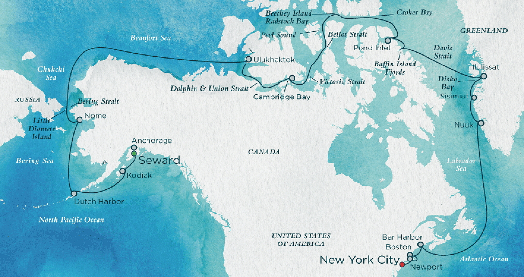 A map of the route the massive MS Crystal Serenity hopes to take in August and September, this year and next. (CRYSTAL CRUISES PHOTO)