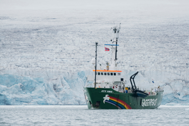 Greenpeace icebreaker The Arctic Sunrise in front of a glacier in Svalbard, Norway. The ship and crew will depart from Atlantic Canada in early August for Clyde River, its first ever Nunavut trip. (PHOTO BY CHRISTIAN ÅSLUND/GREENPEACE)