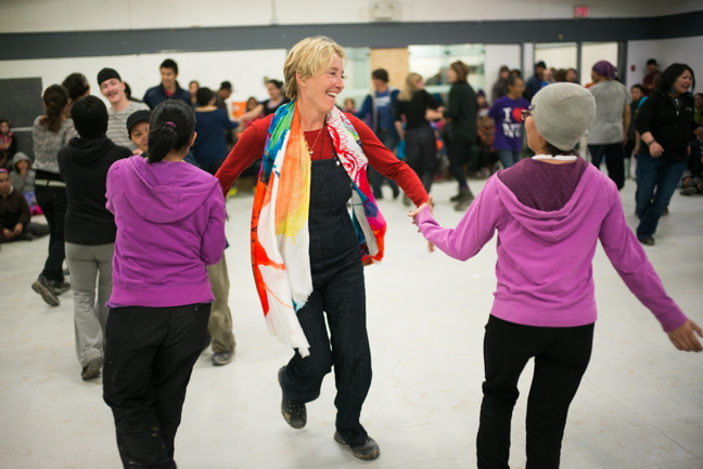 Award-winning actor and climate change activist Emma Thompson kicks up her heels at a feast and dance Aug. 23 to celebrate the successful installation of solar panels in the community. (GREENPEACE PHOTO)