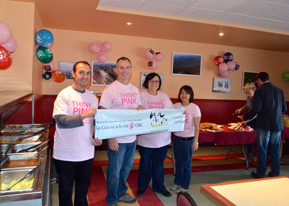 CIBC staff from Quebec and its local branch in Kuujjuaq pose in pink for the bank’s fifth annual Brunch for a Cure Sept. 18 at the Kuujjuaq Inn, an event to raise support and awareness for breast cancer. From left, Mustapha Metahri, Sébastien Lapointe, Diane Pitre and Charisel Lambino hosted the event with support from local organizations, raising a record-breaking $11,050—money that will be invested in breast cancer research. (PHOTO BY ISABELLE DUBOIS)