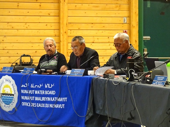 Nunavut Water Board members, Ross Mrazek, chairman Thomas Kabloona and Makabe Nartok, respond to presentations made at the NWB hearings held Sept. 13 and Sept. 14 in Cambridge Bay. (PHOTO BY JANE GEORGE)