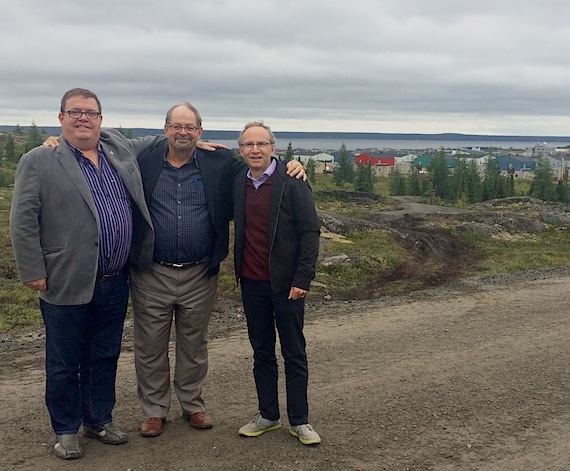 Ungava MNA Jean Boucher, Quebec's aboriginal affairs minister Geoff Kelley and the province's municipal affairs minister Martin Coiteux pose in Kuujjuaq, where they announced the renewal of a municipal infrastructure program for Nunavik. (HANDOUT PHOTO)