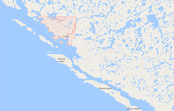 A group of hunters headed about 20 kilometres south of Inukjuak towards Frazier Island Sept. 24. One man in the group is now presumed drowned, but searchers have yet to locate a body. (GOOGLE MAPS IMAGE) 