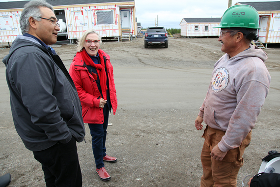 From left, Makivik president Jobie Tukkiapik, INAC minister Carolyn Bennett and Jobie Saunders of Makivik Construction at a construction site in Kuujjuaq Sept. 15, during Bennett's two-day visit to the Nunavik community. (PHOTO COURTESY OF MAKIVIK CORP)