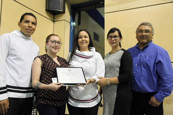 Nunavik youth advocate Olivia Ikey Duncan, second from left, receives Inuit Tapiriit Kanatami's Advancement of Youth Issues award in Kuujjuaq Sept. 14, following ITK's annual general meeting hosted in the Nunavik community. The award was presented by ITK president Natan Obed, far left, while Ikey Duncan is flanked by National Inuit Youth Council president Maatalii Okalik, Qarjuit Youth Council president Alicia Aragutak and Makivik Corp. president Jobie Tukkiapik. ITK handed out awards to six other Nunavimmiut to honour their contributions to the region: Unaaq Men's Association founder Tommy Palliser; Kangiqsualujjuaq Mayor Hilda Snowball; Inuk police veteran Tommy Cain Jr.; Puvirnituq nurse Carole Beaulne; Makivik vice-president of resource development Adamie Delisle Alaku and language advocate Zebedee Nungak. (PHOTO COURTESY OF MAKIVIK CORP) 