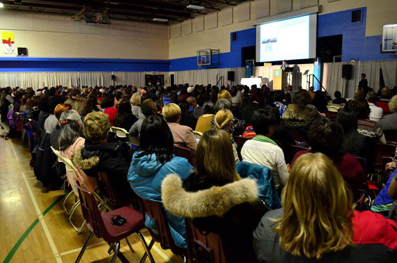 Hundreds of people from Nunavut and around Canada listen to Natan Obed, the president of Inuit Tapiriit Kanatami, speak Oct. 27 at the Canadian Association for Suicide Prevention's conference in Iqaluit this week. (PHOTO BY JIM BELL)