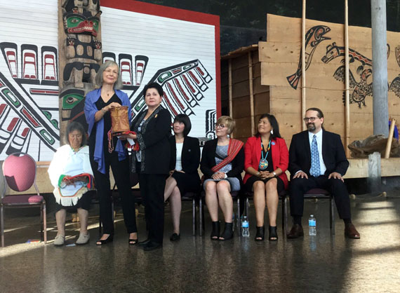 Marion Buller, chair of the commission overseeing the National Inquiry into Missing and Murdered Indigenous Women and Girls, is flanked by fellow commissioners in Gatineau, Que. Aug. 3 following the federal government's formal announcement of the inquiry and its five commissioners. (PHOTO COURTESY OF GOV. OF CANADA) 
