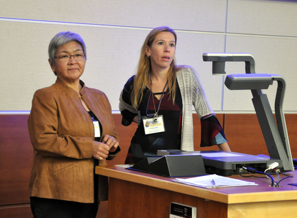 Researchers Elisapi Uitangak and Veronique Paul share results of their research into how the education system developed in the Nunavik communities of Puvirnituq & Ivujivik between 1939-1990, two communities that had not originally signed onto the James Bay and Northern Quebec Agreement. (PHOTO BY SARAH ROGERS)
