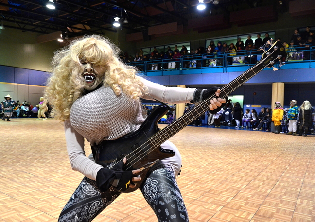 Jeannie A. Gordon rocks the busty bassist at Kuujjuaq's annual Halloween costume contest Oct. 31 at the Kuujjuaq forum. Gordon picked up sixth place and $700 for her sexy, ghoulish efforts. First place, which included $1,500 and a First Air ticket, went to Justin Lingard. Second place this year went to Annie Kudluk, who took home $1,250 and an Air Inuit plane ticket. See our Facebook page for more photos from adult parade and costume winners Kuujjuaq. And stay tuned for kids contest winners too. (PHOTO BY ISABELLE DUBOIS)
