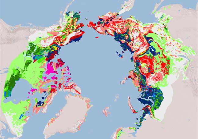 A newly released pan-Arctic map showing areas vulnerable to change. The map, published last week in Nature Communications, shows where frozen soil could collapse creating lakes, wetlands and small hills, called thermokarst landscapes. Red areas on the map indicate where hilly landscapes could likely form, green areas are where wetlands could likely form, and blue areas show where lakes could likely form. “This map is a first step to answer how the landscape will change with the thawing of permafrost in a warming climate,” Vladimir Romanovsky, co-author of the paper and a geophysicist at the University of Alaska, Fairbanks, said on eos.org. “This is the big picture, it is useful as a general idea of what we should expect on a circumpolar scale.”  (MAP/OLEFELDT ET AL)