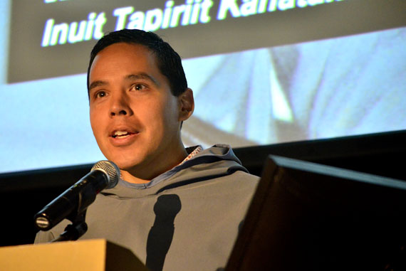 Natan Obed, the president of Inuit Tapiriit Kanatami, garners a standing ovation the morning of Oct. 27 following his presentation on the National Inuit Suicide Prevention Strategy, given as a keynote address to the Canadian Association for Suicide Prevention conference, which opened in Iqaluit Oct. 26. Obed said the greatest challenge in developing and implementing the strategy is to build a shared understanding of how to approach suicide prevention. The conference, which features about 80 speakers and presenters, brings suicide prevention researchers and activists together with Nunavut residents from around the territory. It continues until Oct. 29 at Inuksuk High School in Iqaluit. Read more later on Nunatsiaqonline.ca. (PHOTO BY JIM BELL)