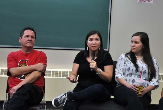 Inuit photographers/filmmakers Barry Pottle, Alethea Arnaquq-Baril and Jennie Williams talk about the challenges they face in their work. (PHOTO BY SARAH ROGERS)