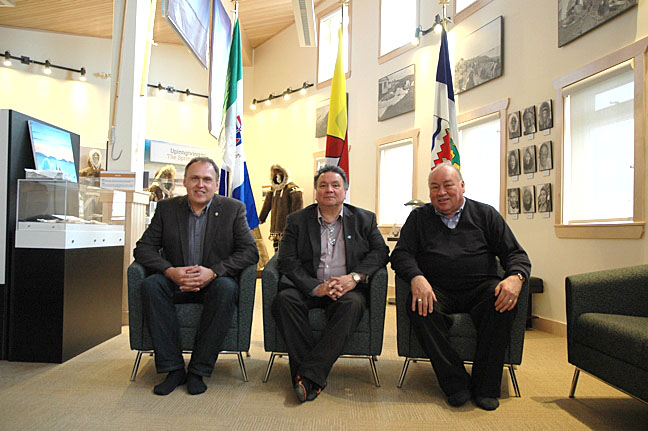 Yukon Premier Darrell Pasloski, left, Nunavut Premier Peter Taptuna and Northwest Territories Premier Bob McLeod at the Northern Premier's Forum in Kugluktuk last year. All three premiers have told Prime Minister Justin Trudeau that they want help with adaptation to climate change — but they don't like carbon pricing. (FILE PHOTO)