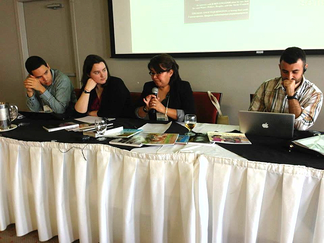 Panelists at the ReSDA workshop in Iqaluit in 2013 talk about issues around community engagement and communication. From left, Natan Obed, then representing Nunavut Tunngavik Inc., Linnea Ingerbrigtson of the Interagency Human Health Research Review Board, Louise Flaherty of Inhabit Media and Joshua Gladstone, Northern Public Affairs Magazine. (PHOTO COURTESY RESDA)