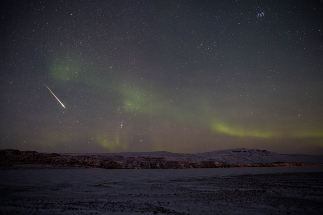 That's not Photoshop folks. That's a real shooting star over Arctic Bay. Hobbyist photographer Clare Kines set his camera on a tripod Oct. 27 to shoot time lapse images in order to make a video of the aurora borealis but he got an added bonus when he managed to capture a shooting star among those 2,300 shots. In fact, if you watch closely the time lapse video he stitched together here—https://vimeo.com/189299005—you can see a number of shooting stars, along with those magnificent, undulating northern lights. (PHOTO BY CLARE KINES)