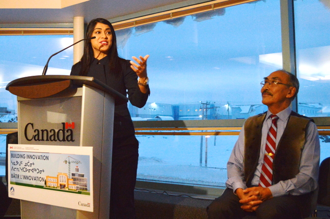 Bardish Chagger, federal minister of small business and tourism as well as Government House Leader, stands beside Nunavut's education minister, Paul Quassa, in Iqaluit Nov. 23 to announce $10.64 million in federal money to help pay for a new Nunavut Arctic College facility at the Iqaluit Nunatta campus. (PHOTO BY STEVE DUCHARME)