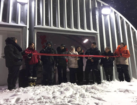 Salluit mayor Paulusie Saviadjuk, third from left, leads a ribbon-cutting ceremony at the Nunavik community's new community freezer Nov. 1 along with other municipal staff and officials from the Kativik Regional Government and Makivik Corp. Those organization helped to fund the new infrastructure in the Hudson Strait community, along with a woodshop for the local men's association, an all-terrain vehicle maintenance shop and a new community boat. (PHOTO COURTESY OF P. SAVIADJUK)