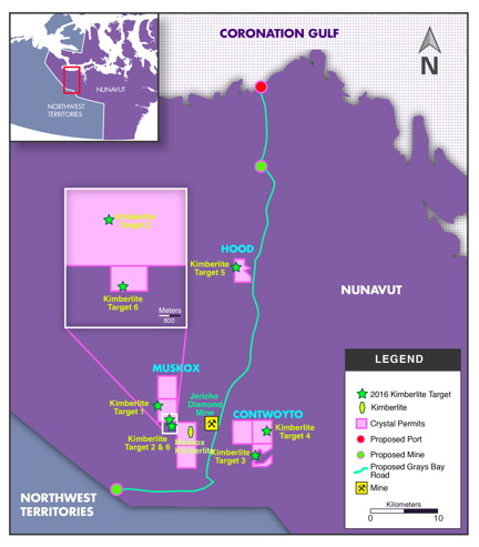 A map showing the location of Crystal Exploration's diamond licenses near the old Jericho mine site. The green line due north from the site and the red dot on the coast is the proposed Grays Bay road and port and the green dot at the other end is MMG's proposed Izok Lake mine. (CRYSTAL EXPLORATION MAP)