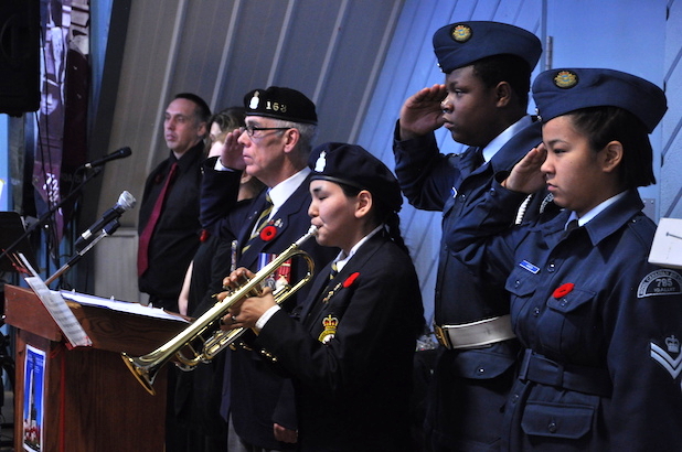 Hundreds of people packed the standing-room-only Iqaluit Cadet Hall Nov. 11 to attend the annual Remembrance Day ceremony. RCMP officers, military veterans, cadets and Canadian Rangers took part in the ceremony during which O Canada was sung in Inuktitut. Several leaders also attended including Senator Dennis Patterson and Iqaluit Mayor Madeleine Redfern. See more photos on our Facebook page. (PHOTO BY THOMAS ROHNER)