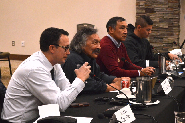 Speakers including former MP and MLA Jack Anawak and Iqaluit-Sinaa MLA Paul Okalik prepare to have their say on how Canada might improve the way we elect federal MPs during an Iqaluit consultation hosted by the Special Committee on Electoral Reform Oct. 17. (PHOTO BY STEVE DUCHARME)