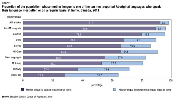 This graph, published in 2014 by Statistics Canada, shows that the three Indigenous language groups whose speakers most often use their language at home are Atikamekw, Innu-Montagnais and Inuktitut. (STATISTICS CANADA IMAGE)