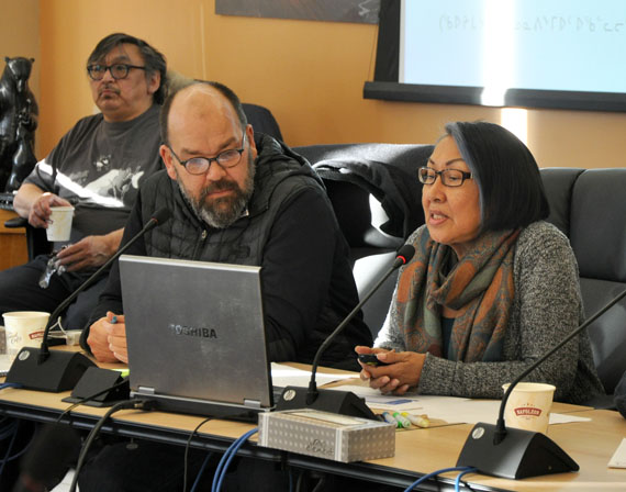 Robbie Watt and Monica Ittusardjuat of the Atausiq Inuktut Titirausiq language group speak to KRG councillors in Kuujjuaq last week. The group has been invited to visit Wales to learn about that nation's language revitalization efforts. (PHOTO BY SARAH ROGERS)