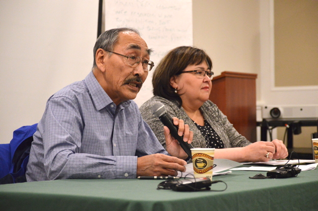 Education Minister Paul Quassa, with his deputy minister Kathy Okpik, speaks at a Nunavut Coalition of District Education Authorities meeting in Iqaluit last October. (FILE PHOTO)