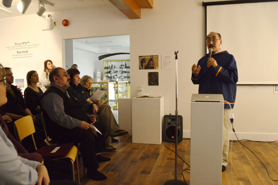 Nunavut Education Minister Paul Quassa speaks Jan. 19 at the Nunatta Sunakkutaangit Museum in Iqaluit. (PHOTO BY STEVE DUCHARME)