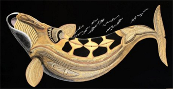 One of Pitsiulak’s iconic and intricately-etched bowhead whale drawings, of which he made a large silkscreened version in 2016. (IMAGE COURTESY OF DORSET FINE ARTS)
