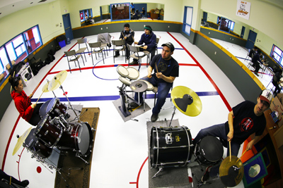  Drum students Suzie Tukkiapik, Willie Nalukturuk, Leo Qipita Ilimasaut, Timothy Oovaut and Darren Idlout practice their drum skills last October at the Kuujjuaq Forum. (PHOTO COURTESY OF KRG)