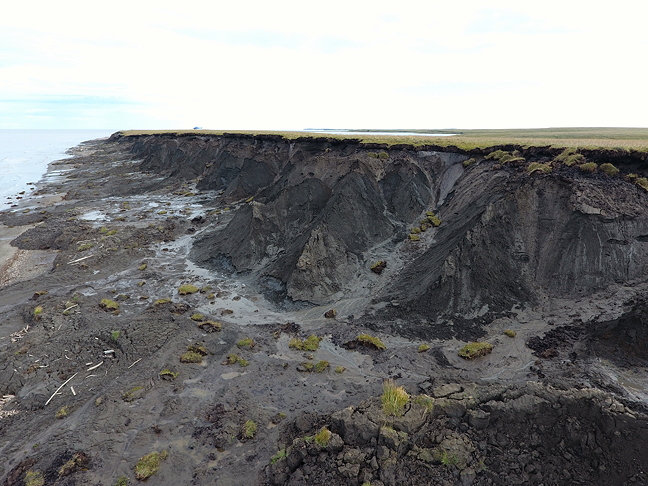 Evidence of widespread permafrost slumping and coastline erosion in the western Arctic's Mackenzie-Beaufort Delta region.