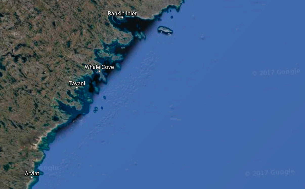 Four men were travelling along the sea ice of western Hudson Bay last weekend when their snow machine fell through the ice outside of Whale Cove. Only one man survived. (GOOGLE MAPS IMAGE)
