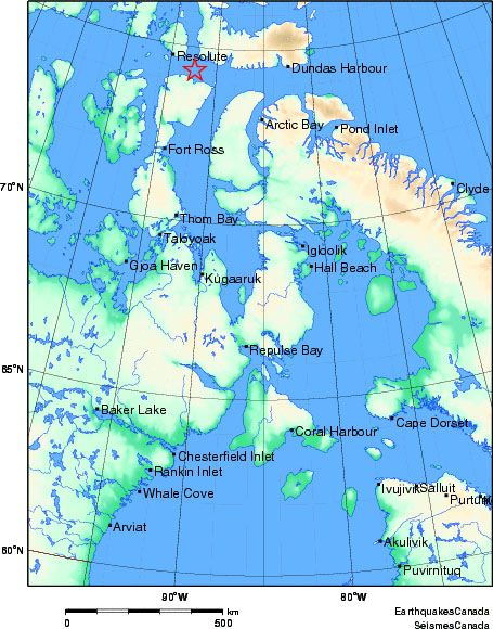 This map from Natural Resources Canada shows the approximate location of the Jan. 8 earthquake that hit the High Arctic. (EARTHQUAKES CANADA)