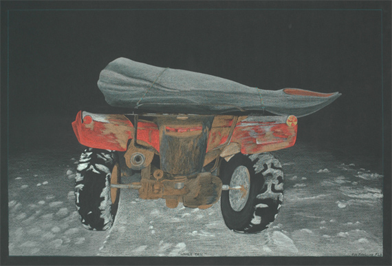 This 2010 untitled coloured pencil drawing shows the back of an all-terrain vehicle transporting home the day's catch. (IMAGE COURTESY OF DORSET FINE ARTS)