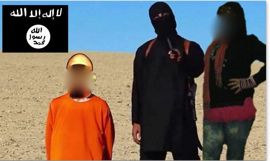This adapted photo of an ISIS execution, posted on Facebook this past weekend with photos of a local teacher and a local woman pasted into it—has upset many in Coral Harbour. In this version of the photo, we have blurred out the image of the local teacher, whose face was inserted on top of the orange body, and the face of the local woman, who is on the far right of the image. (PHOTO/FACEBOOK)